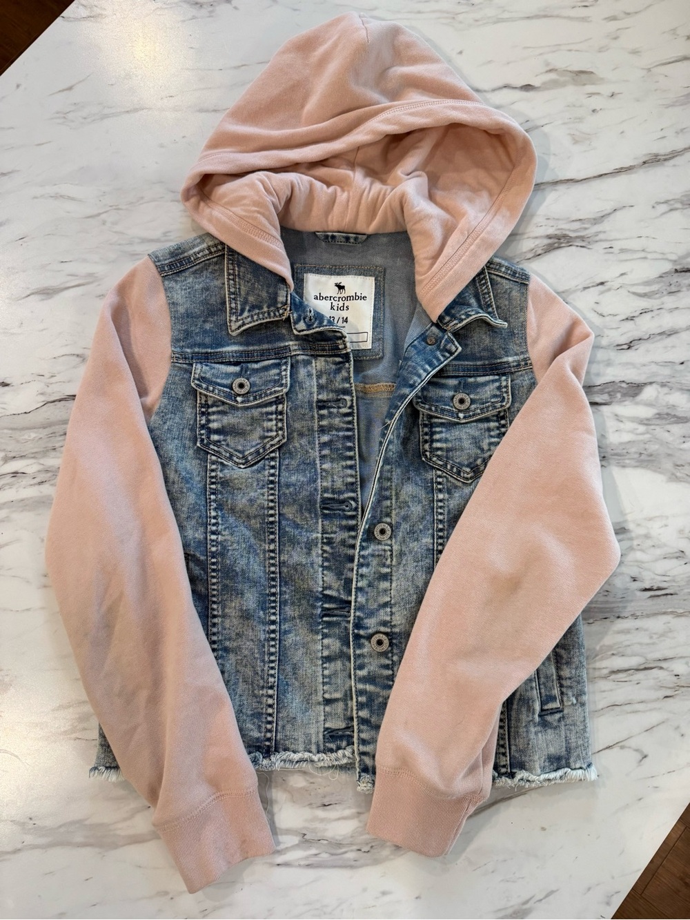 abercrombie kids denim jacket with blush pink hoodie and sleeves